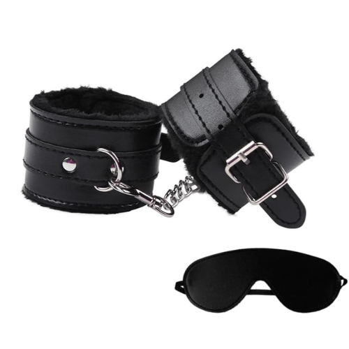Bondage Leather Plush Handcuffs and Blindfold Set